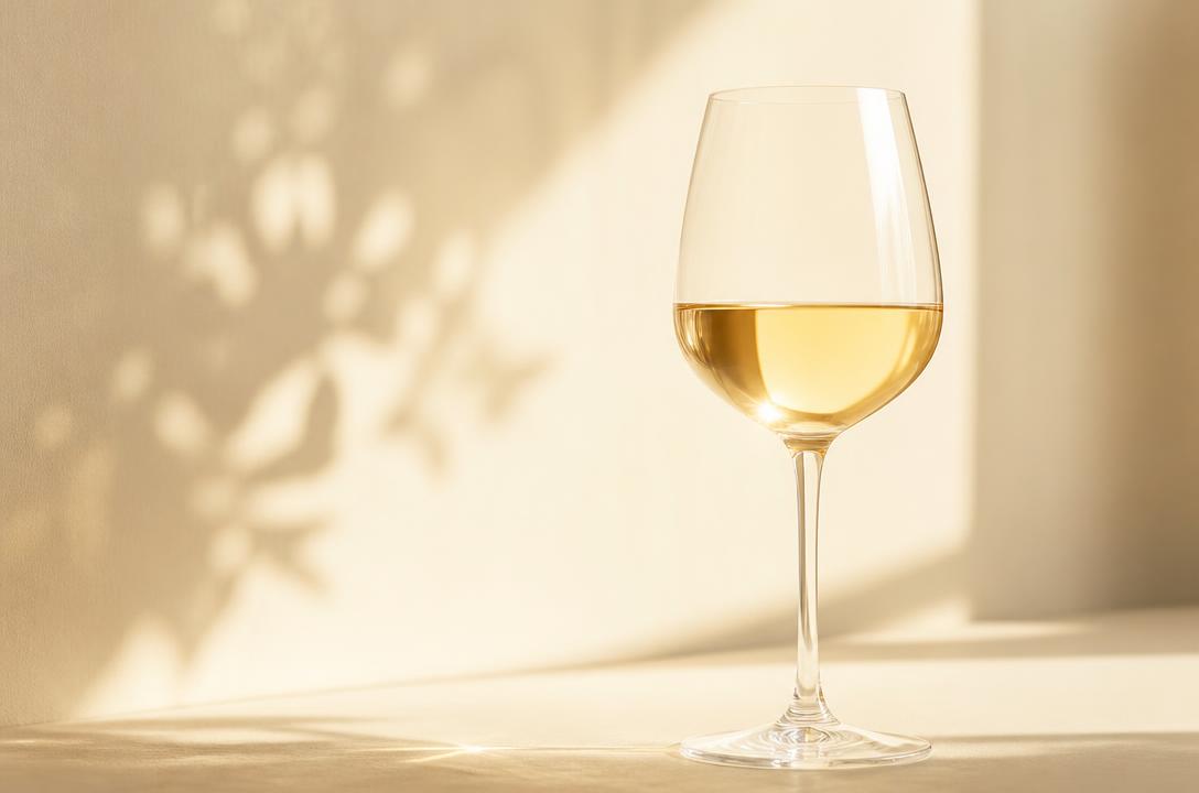 A glass of pale golden white wine backlit by soft sunlight